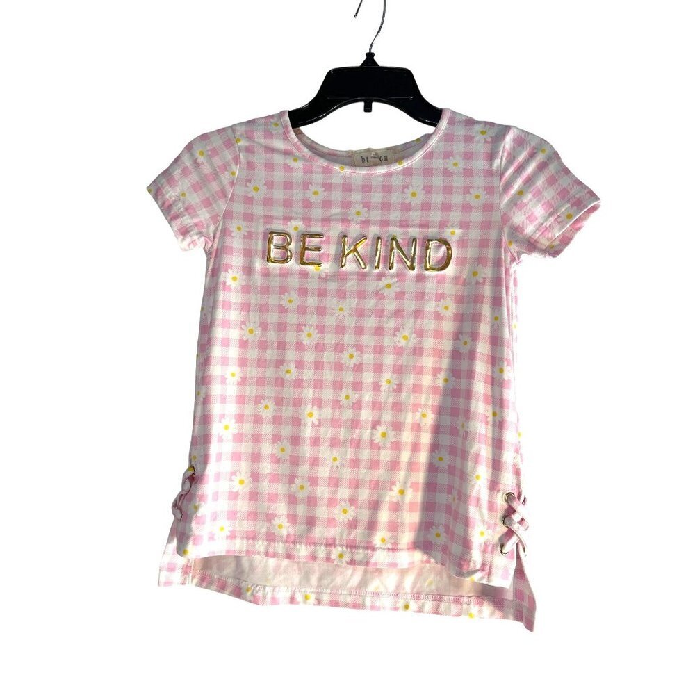 Between Girls Graphic Motivational Top Pink Mult Squares/Flowers i Size 10